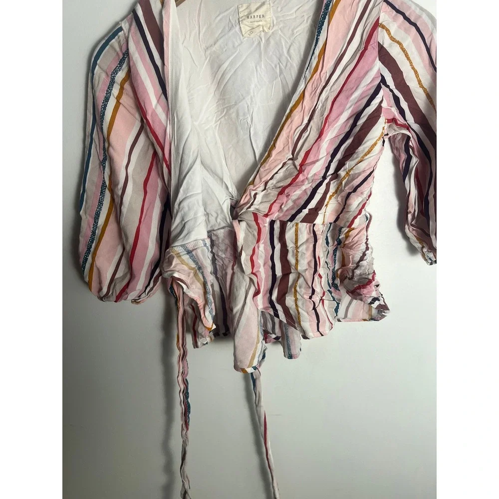 Wm XXS Top Colorful Stripe Rainbow Boho-Chic Blouson Sleeves‎ Tie-Front Festival